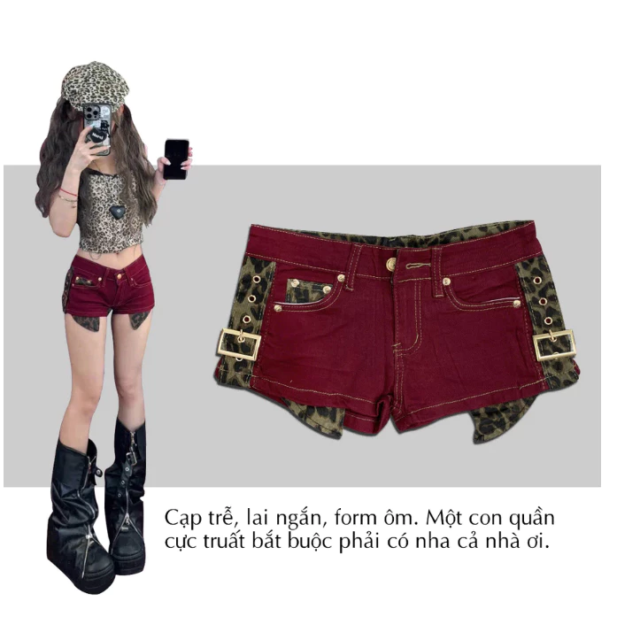 Quần Short Jean Nữ Cạp Trễ Leopard Khóa Gài Cá Tính Y2K QJ892