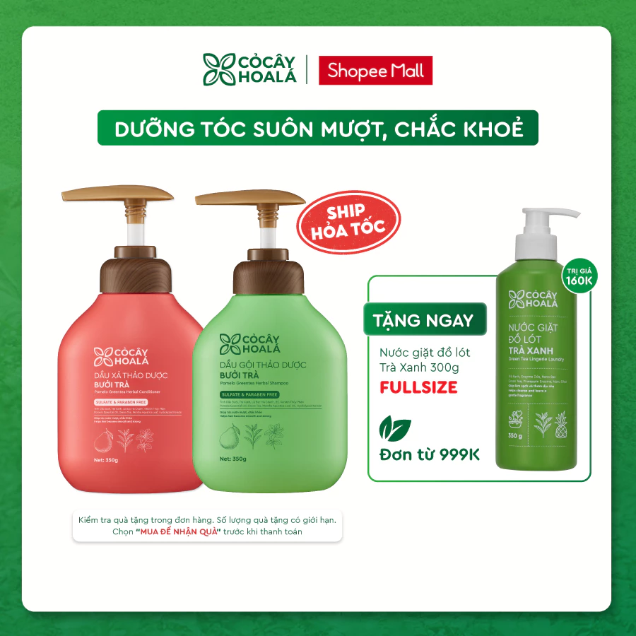 Combo Dầu Gội Xả Bưởi Trà Cỏ Cây Hoa Lá Việt Nam Phục Hồi Tóc Hư Tổn 350g