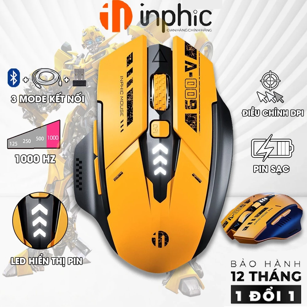 Chuột không dây bluetooth INPHIC A9 V2 gaming 3 mode silent tắt âm 7 nút bấm led hiển thị pin công thái học chơi game