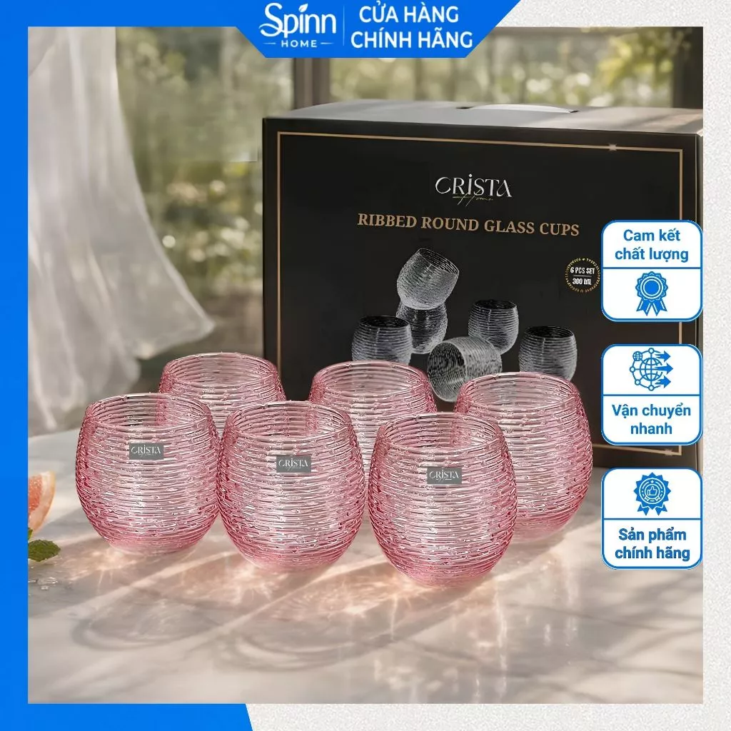[Bộ 6] Cốc uống nước thủy tinh chịu nhiệt không quai, ly thủy tinh thiết kế vân ngang thanh lịch