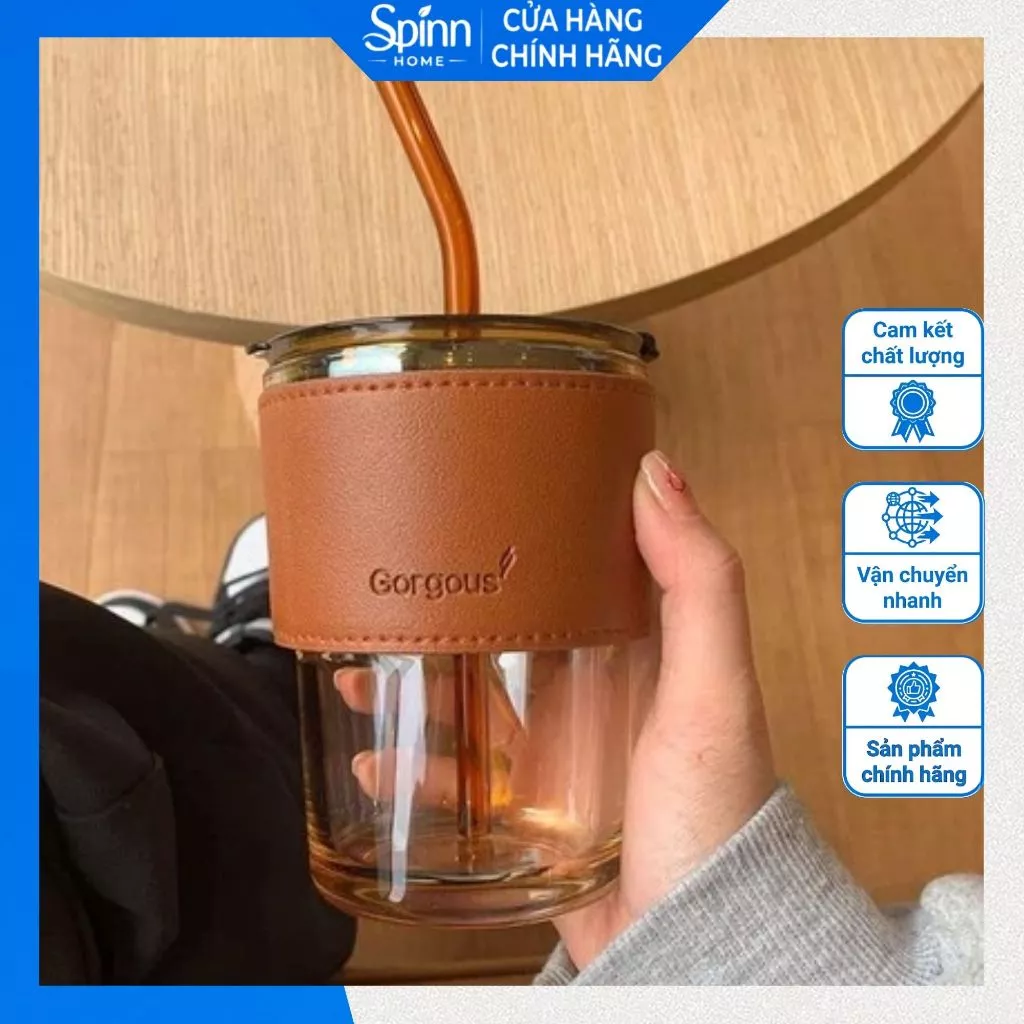 Cốc thủy tinh có ống hút kèm bao da chống nóng 450ml, ly thủy tinh uống nước cafe trà sữa sang trọng