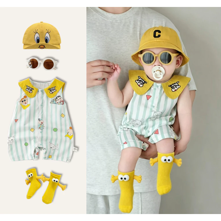 Baby romper Mùa hè tay ngắn bút chì bông xanh Shin-chan kiểu Hàn Quốc Jumpsuit 0-24M