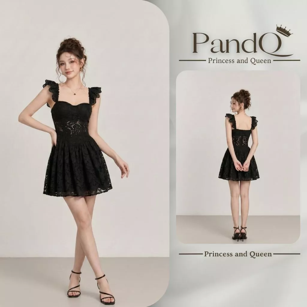 Váy ren nữ P&Q dáng xòe tay bèo cổ tim công chúa tiểu thư sang chảnh cao cấp | vd0137