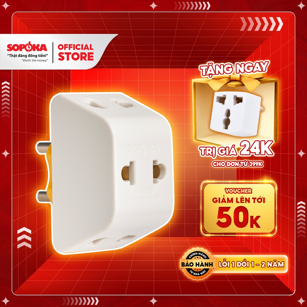 Ổ Cắm Chia Điện 3 Lỗ SOPOKA 2200W, Đầu Chia Điện Đa Năng Cổng Chống Tuột Phích…