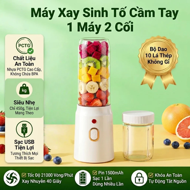 Máy Xay Sinh Tố Cầm Tay Mini 450ML, Máy Ép Trái Cây 10 Lưỡi, Bảo Hành 12 Tháng, Vận Chuyển Nhanh