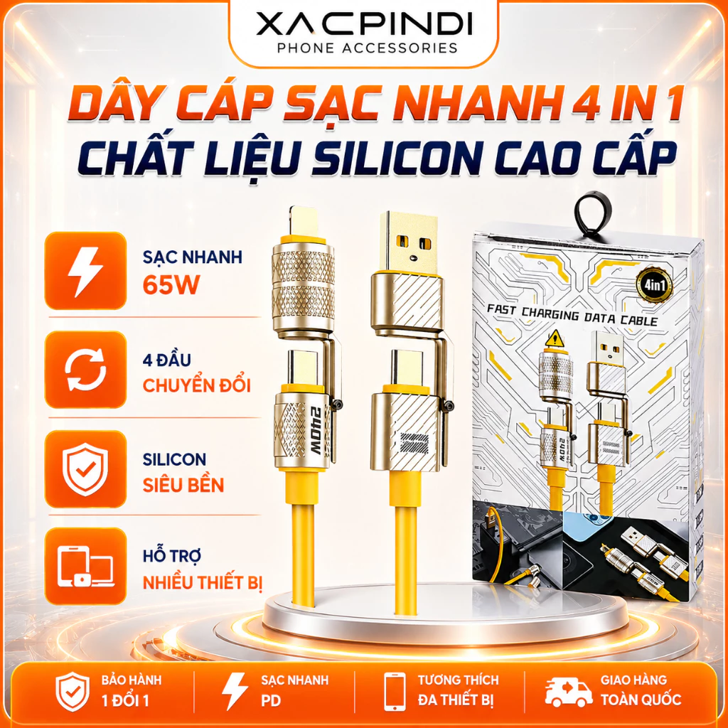Dây Cáp Sạc Nhanh 4 Trong 1 – Chất Liệu Silicon, Đầu Hợp Kim Kẽm Siêu Bền