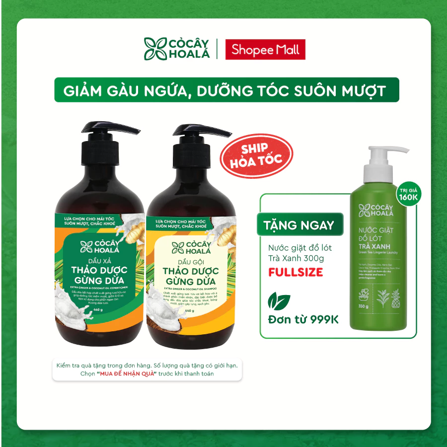 Combo Dầu Gội Xả Thảo Dược Gừng Dừa Cỏ Cây Hoa Lá 440g - Giảm Gàu Ngứa