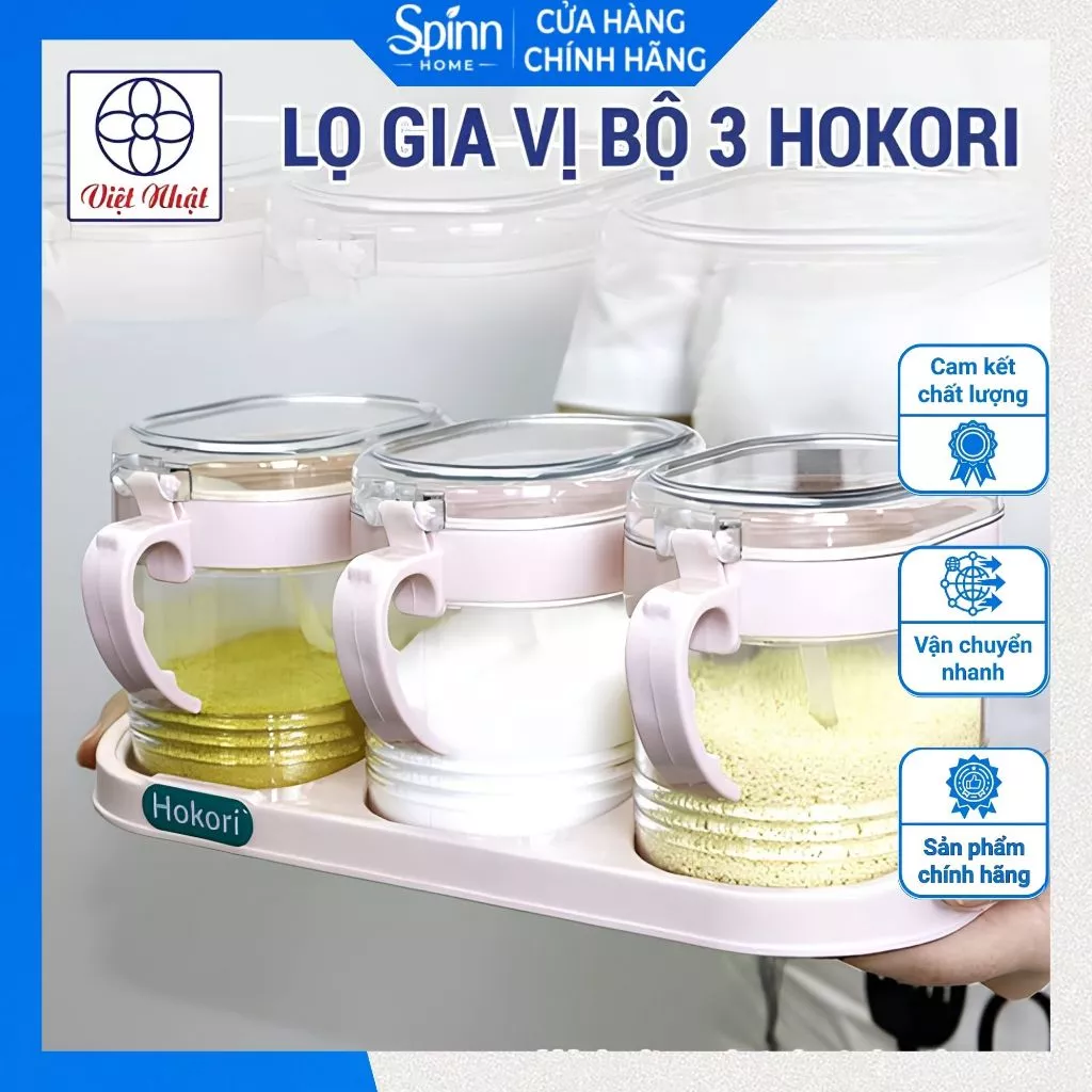 Bộ lọ đựng gia vị kèm khay Hokori cao cấp, hộp đựng gia vị có thìa nắp kín ngăn kiến chống ẩm ướt