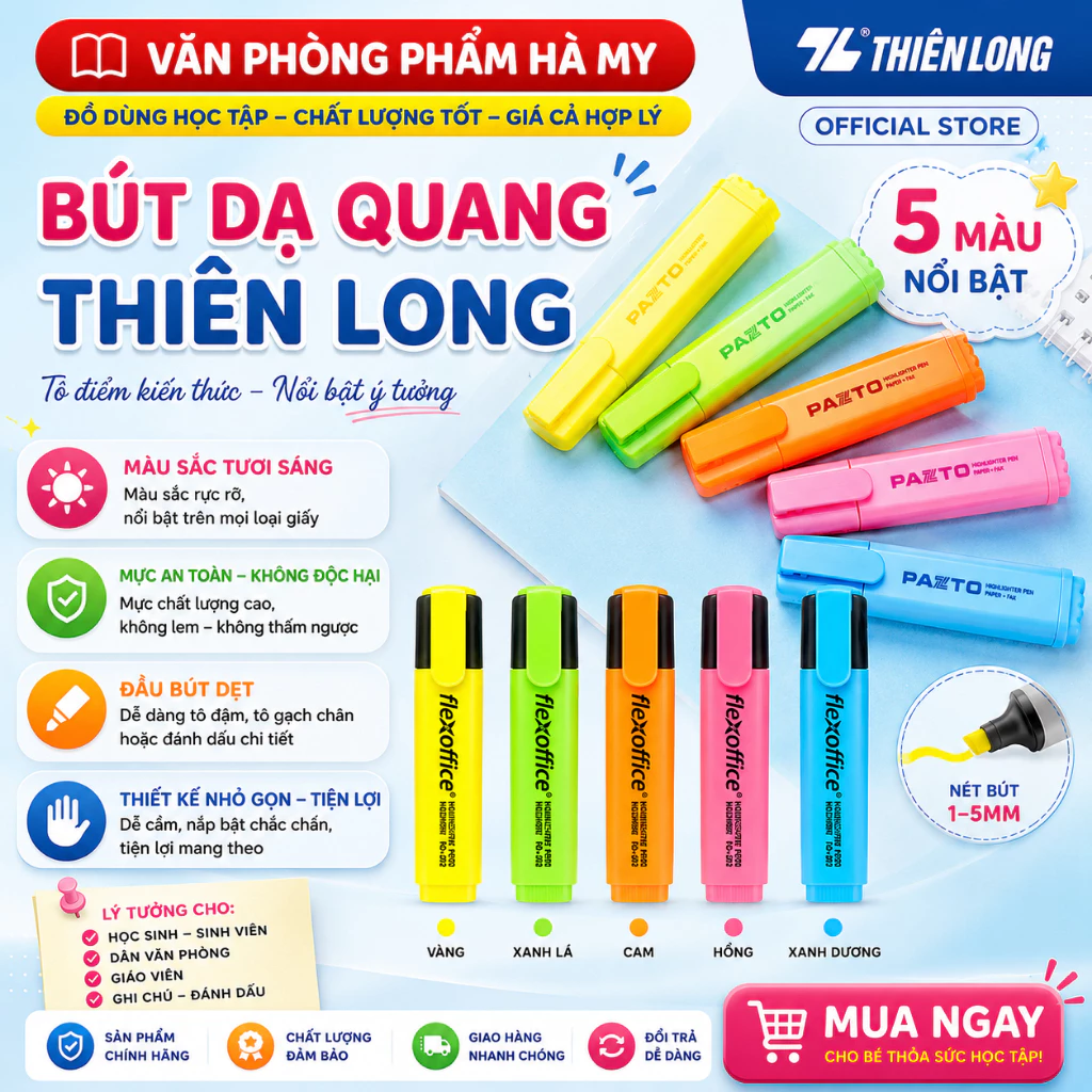Bút Dạ Quang Thiên Long Flexofice FO-HL009/VN HL-012 FO-HL02/VN, Màu mực tươi sáng, phản quang tốt