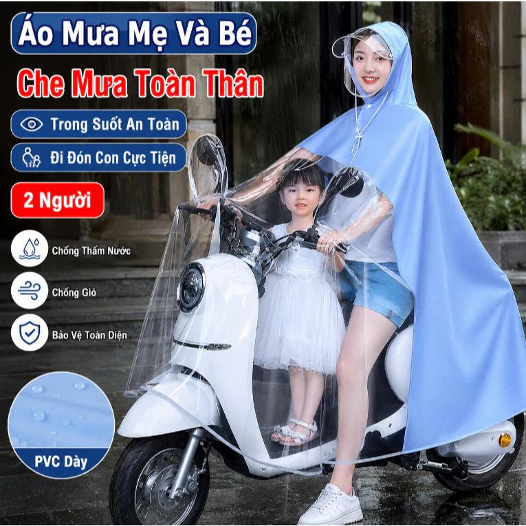 Áo Mưa Cho Mẹ Và Bé Đi Đón Con Hàng Ngày Thiết Kế Đôi Trong Suốt An Toàn Vành Rộng Chắn Mưa Tiện Lợi Cho Cả Nhà