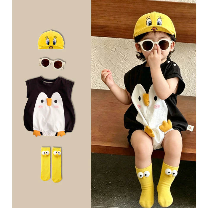 Bé Và Cô gái Mùa hè Quần ngắn Jumpsuit Dễ thương Cotton màu đen chim cánh cụt kiểu Hàn Quốc romper 0-24 M
