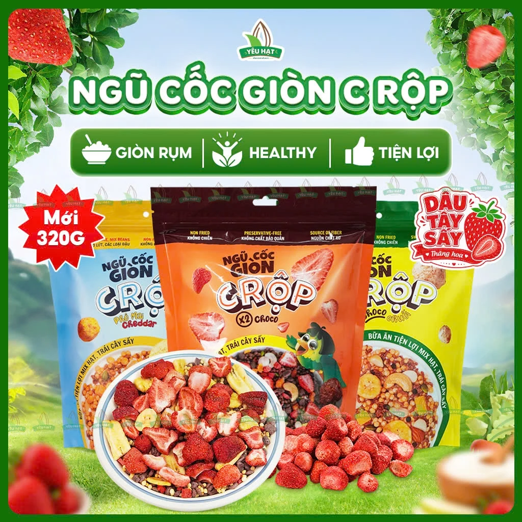 [Nhiều Dâu Tây Sấy] Ngũ Cốc Ăn Kiêng Giảm Cân - Granola Gạo Lứt Giòn C Rộp Ăn Sáng Ít Đường Yêu Hạt