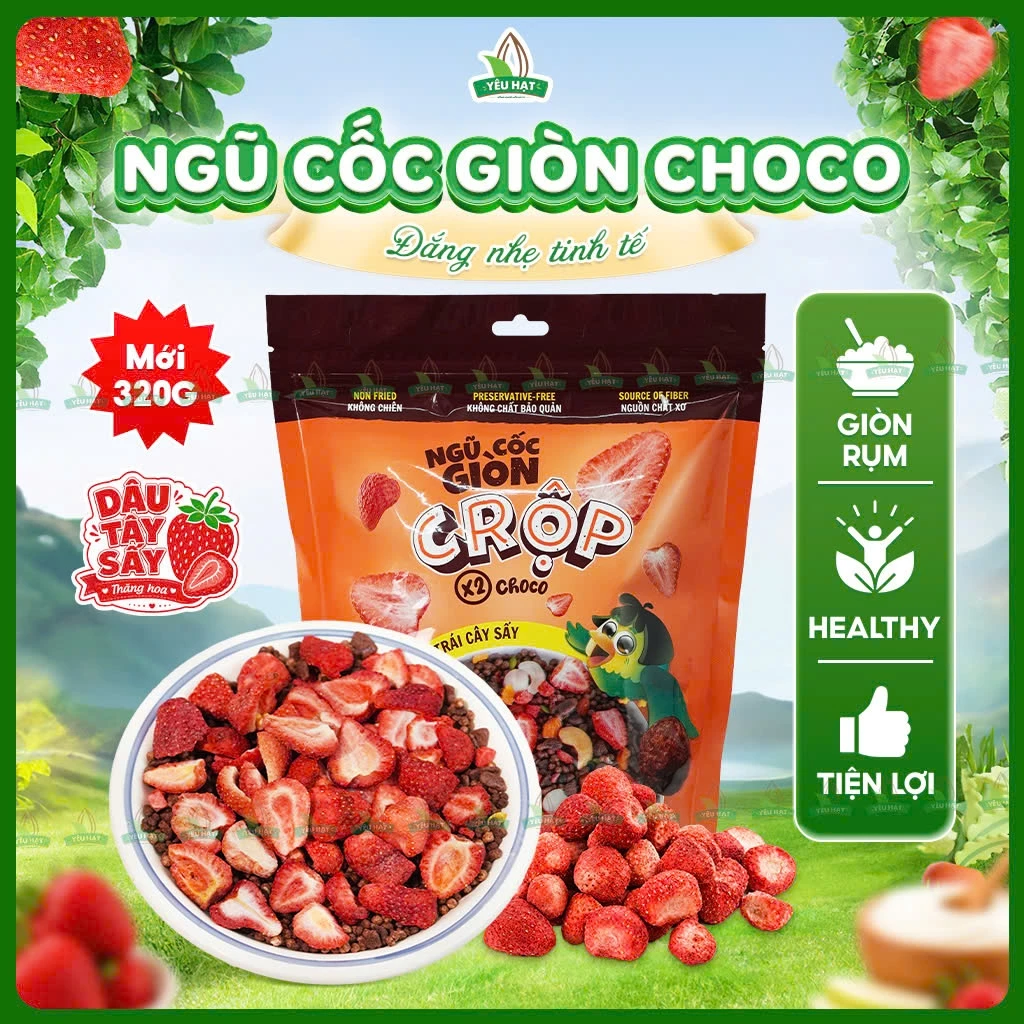 [CỰC GIÒN] Ngũ Cốc Giòn C Rộp Vị Choco Mix Dâu Tây Sấy Ăn Sáng Healthy 320G Yêu Hạt