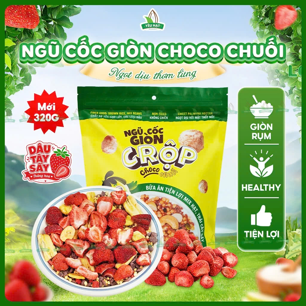 [GIÒN TAN] Ngũ Cốc Giòn Rộp Vị Choco Chuối Nhiều Dâu Granola Gạo Lứt Ít Đường Healthy 320G Yêu Hạt