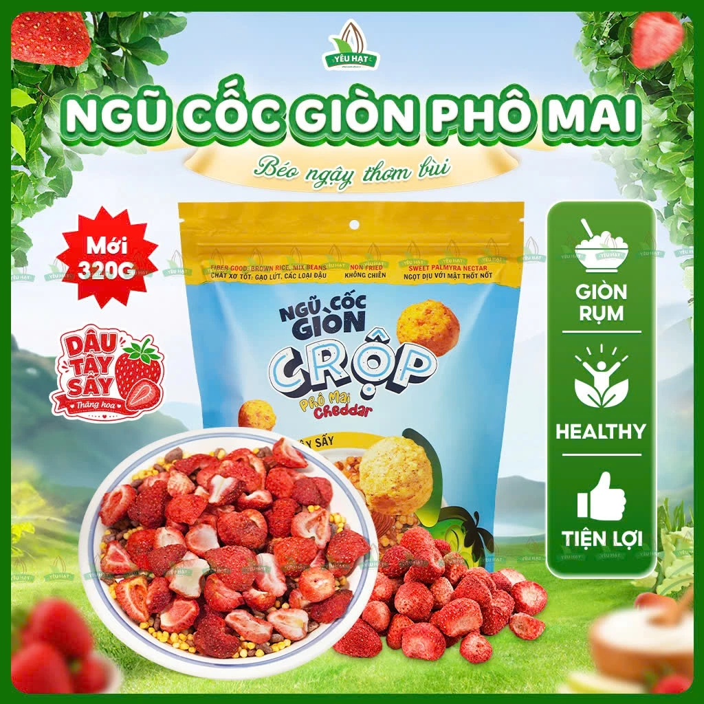 [GIÒN RỘP] Ngũ Cốc Giòn C Rộp Vị Phô Mai Mix Dâu Tây Sấy Ăn Sáng Eatclean Healthy 320G (Yêu Hạt)