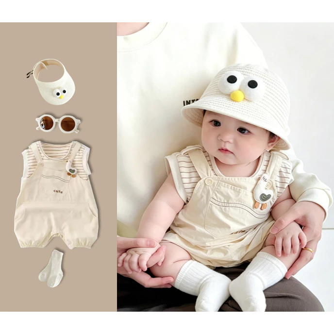 Baby Romper Mùa hè tay ngắn Bông sọc màu bê overalls thiết lập phong cách Hàn Quốc 3-24M