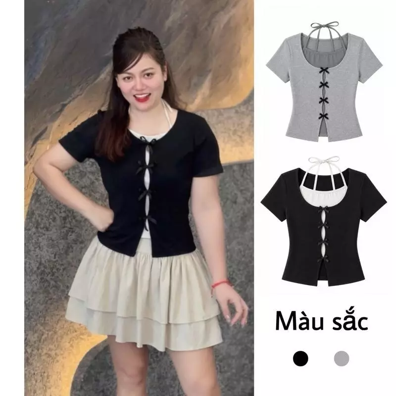 244 BIGGSIZE Áo thun nữ cộc tay phối tạo kiểu cổ yếm đính nơ