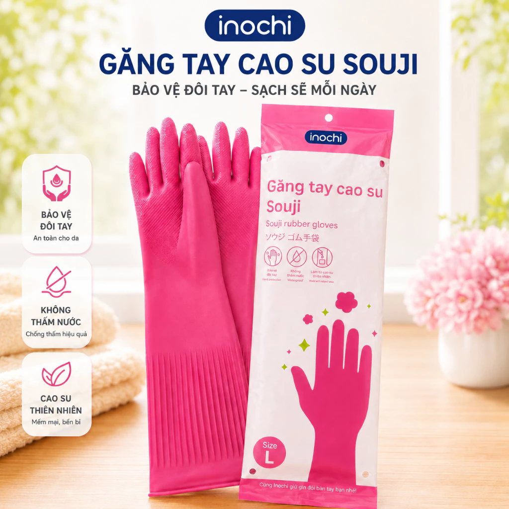 Găng Tay Cao Su Souji Inochi - Găng Tay Gia Dụng Chống Thấm, Cao Su Thiên Nhiên, An Toàn Cho Da Tay