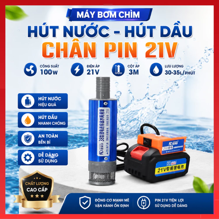 Bơm chìm chân pin phổ thông 21V tốc độ 32 lít / phút, bơm thay nước hồ cá, bơm tưới cây , bơm dầu nhớt