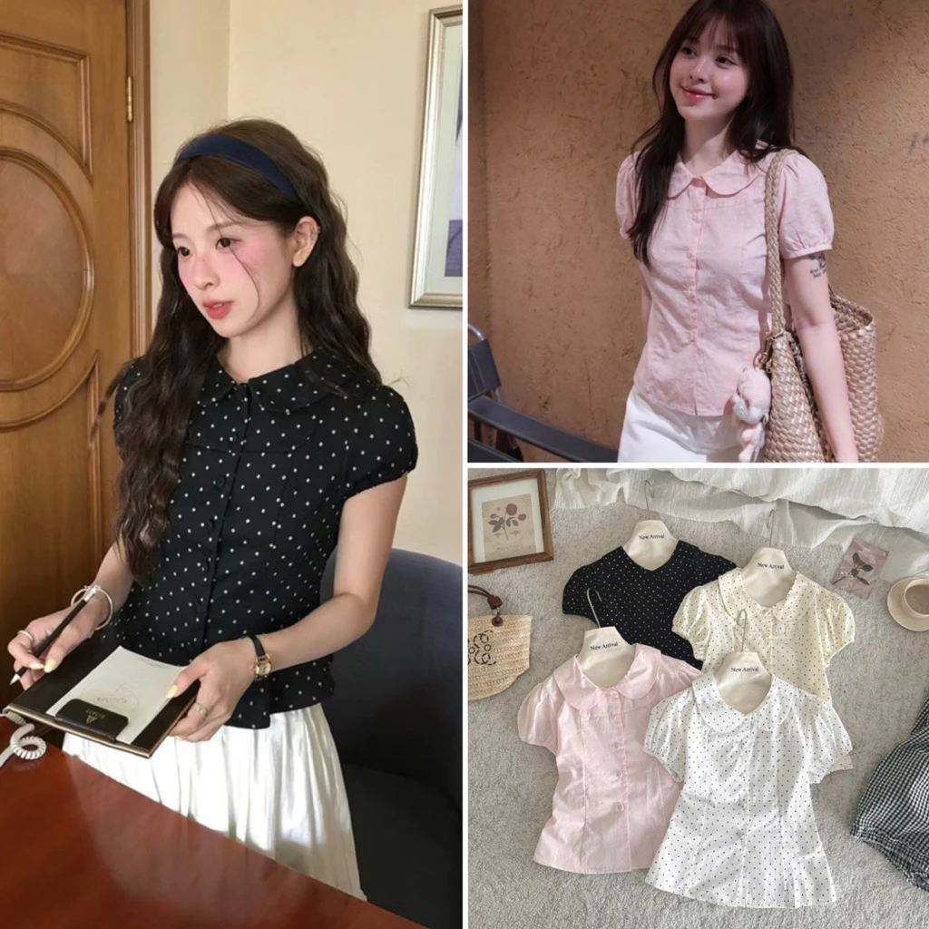 [HÀNG SẴN] Áo Sơ Mi Cổ Sen Cúc Bọc Chấm Bi Xinh Xắn MORA TOP 333.07