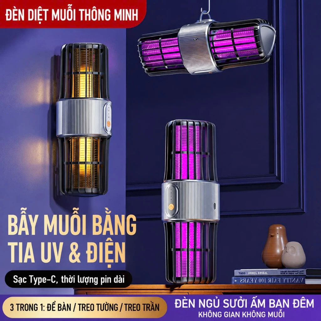 Đèn bắt muỗi thông minh ,đèn diệt muỗi khử trùng vật lý kiêm đèn ngủ có tích hợp sạc điện