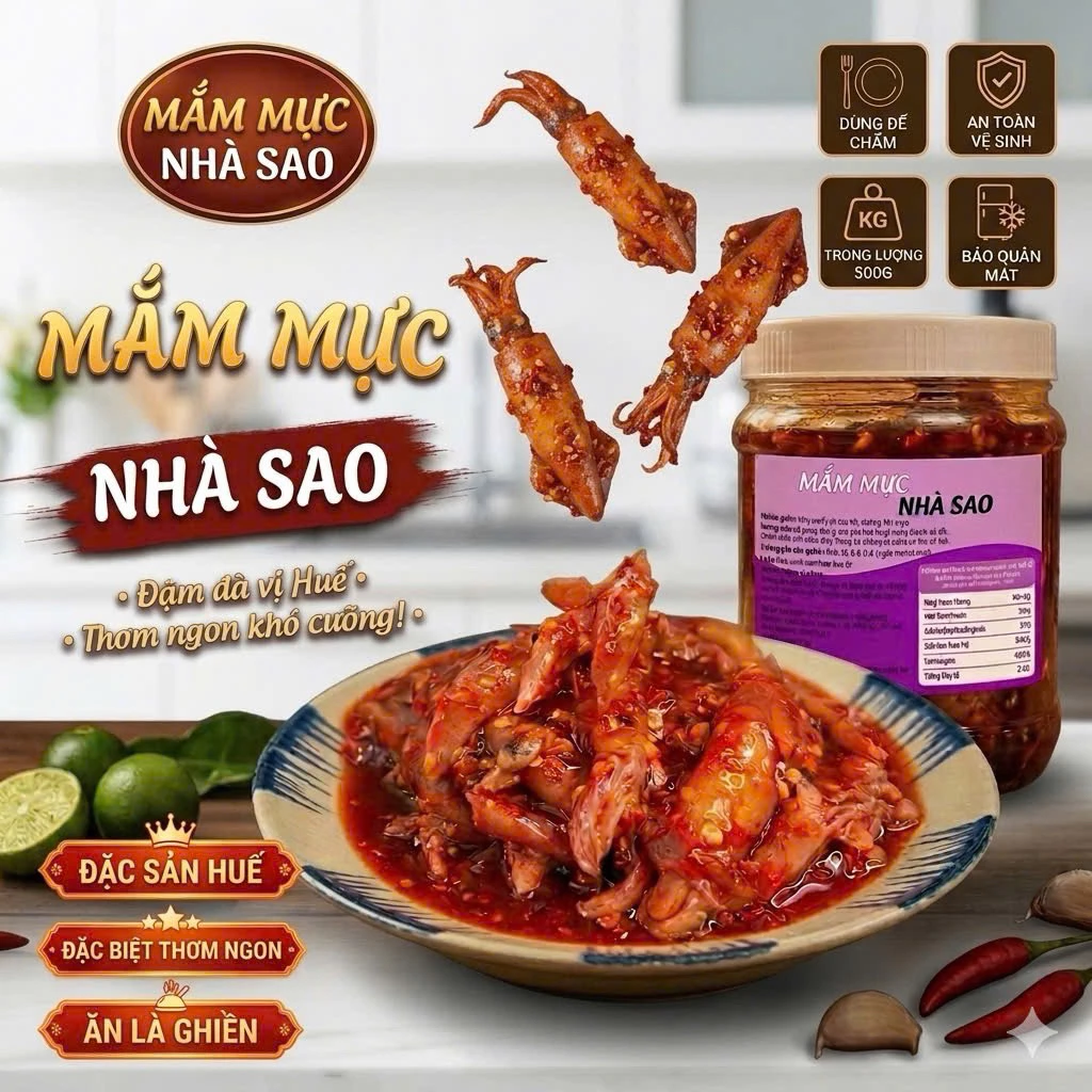Mắm mực pha sẵn không đen, hũ 500g mắm mực Nhà Sao đỏ đẹp không hôi không tanh ạ. tỷ lệ 2 mực/1 nước sốt