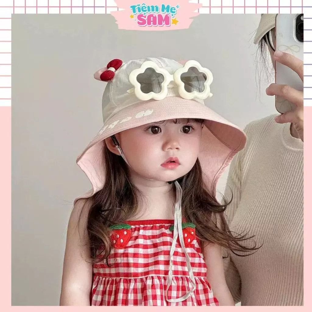 Mũ vành tròn rộng che gáy chống nắng cho bé 3-6 tuổi kèm kính đeo thời trang (MUG63)