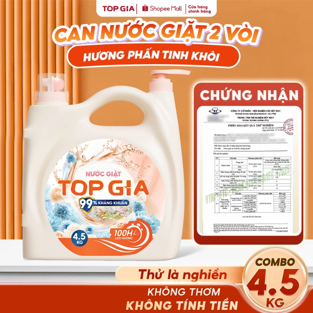 [Siêu Tiện Lợi] Can Nước Giặt Xả Top Gia 2 Vòi 4.5KG Lưu Hương Thơm 100H, Sạch Nhanh Dịu Nhẹ