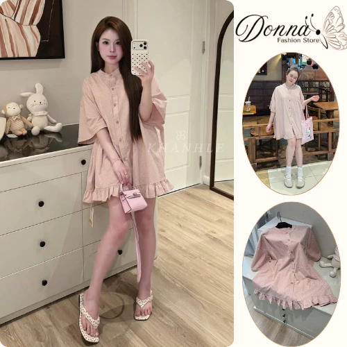 Đầm nữ dáng suông pijama cổ trụ họa tiết hoa nhí phối bèo chất cotton lụa mặc nhà dễ thương