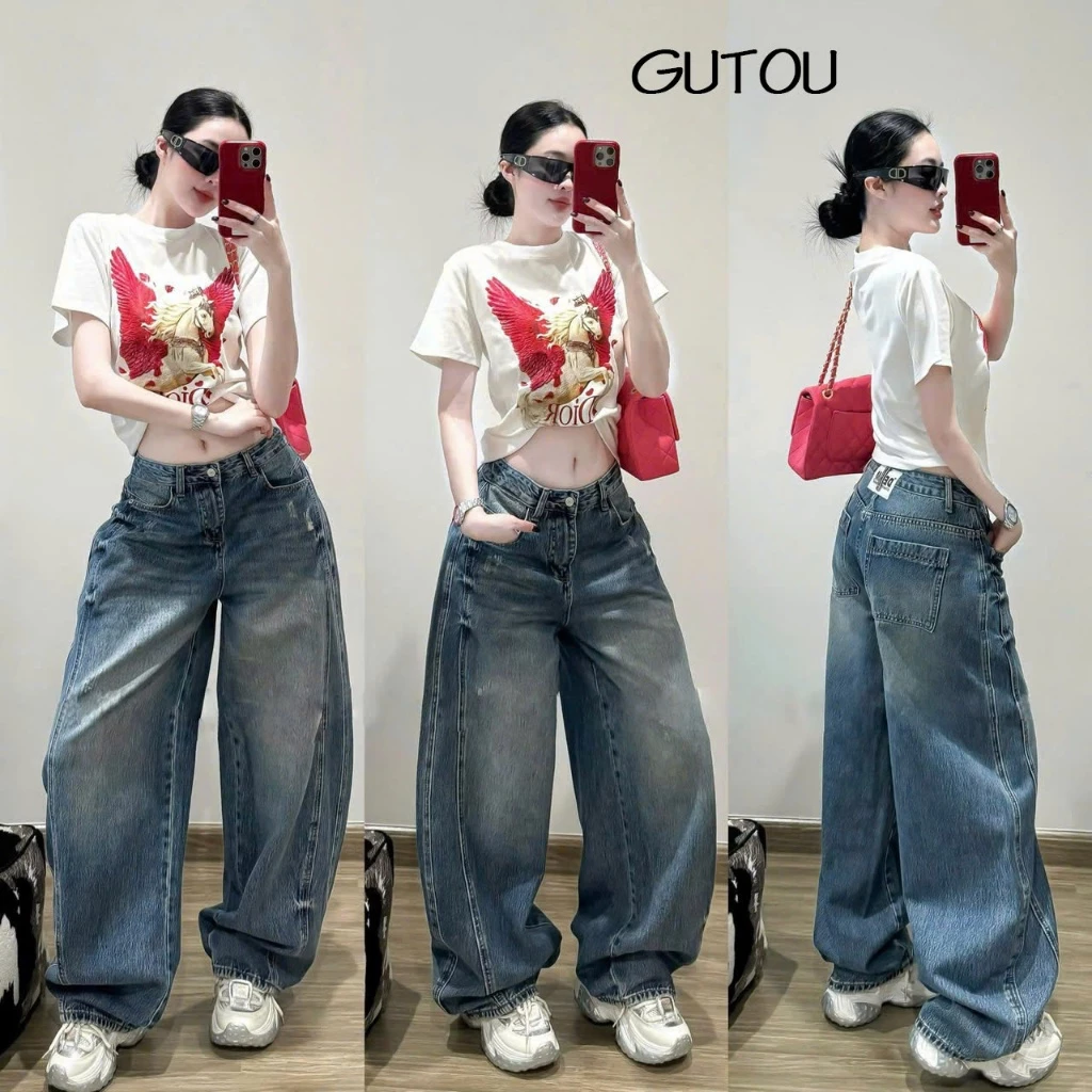 [ GUTOU ] Quần Jeans Nữ Ống Suông Lưng Cao Che Khuyết Điểm, Quần Jean Baggy Nữ Seam Line G258