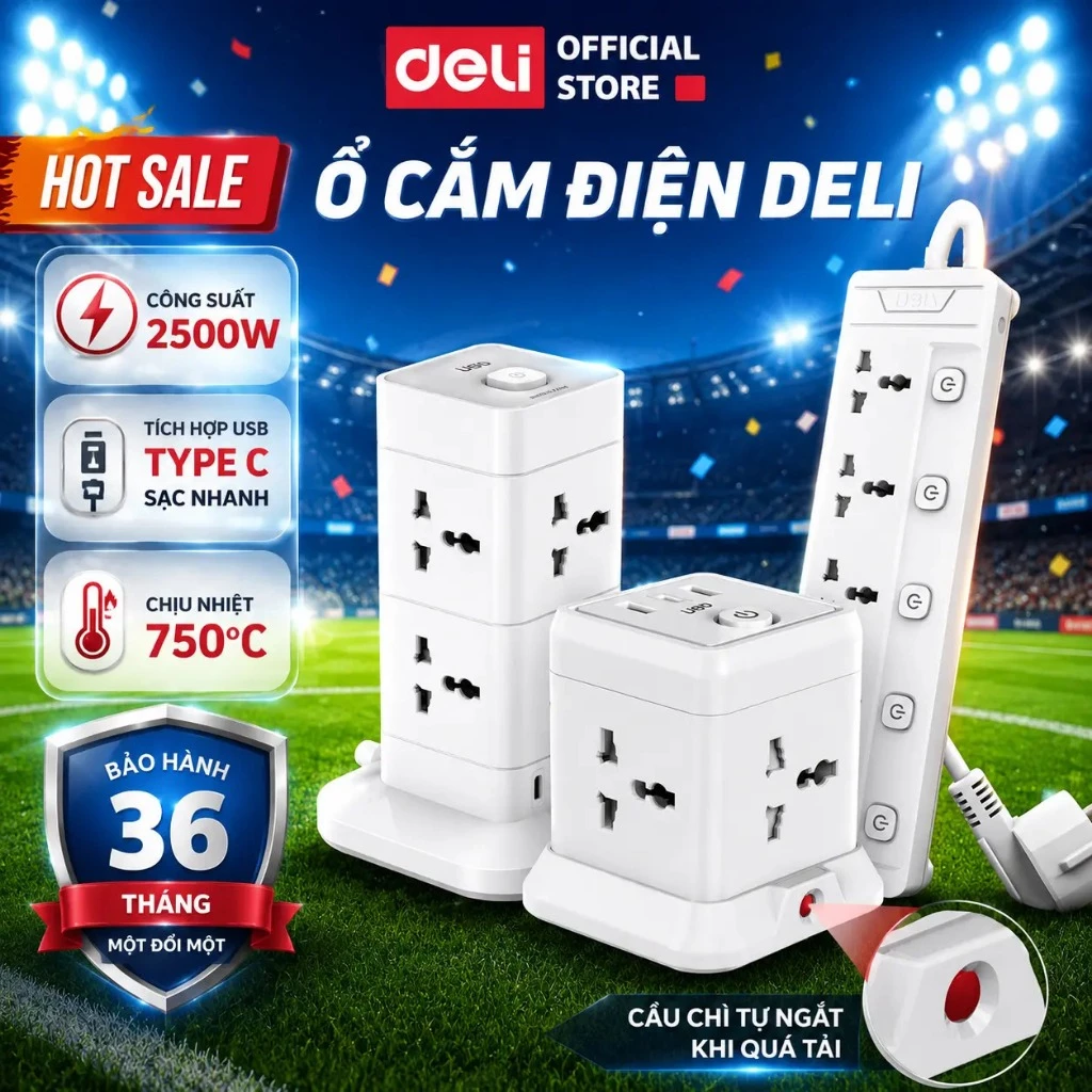 [HỎA TỐC] Ổ Cắm Điện Dáng Trụ Sạc Nhanh Deli Công Suất 2500W Có Cổng USB Type C – Chống cháy