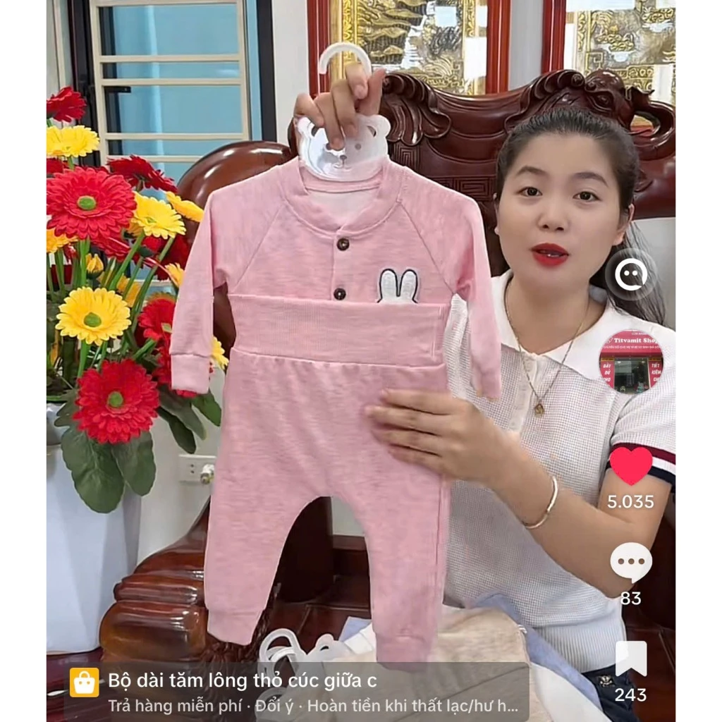 Bộ dài tăm lông thỏ cúc giữa cạp cao cho bé mặc thu đông