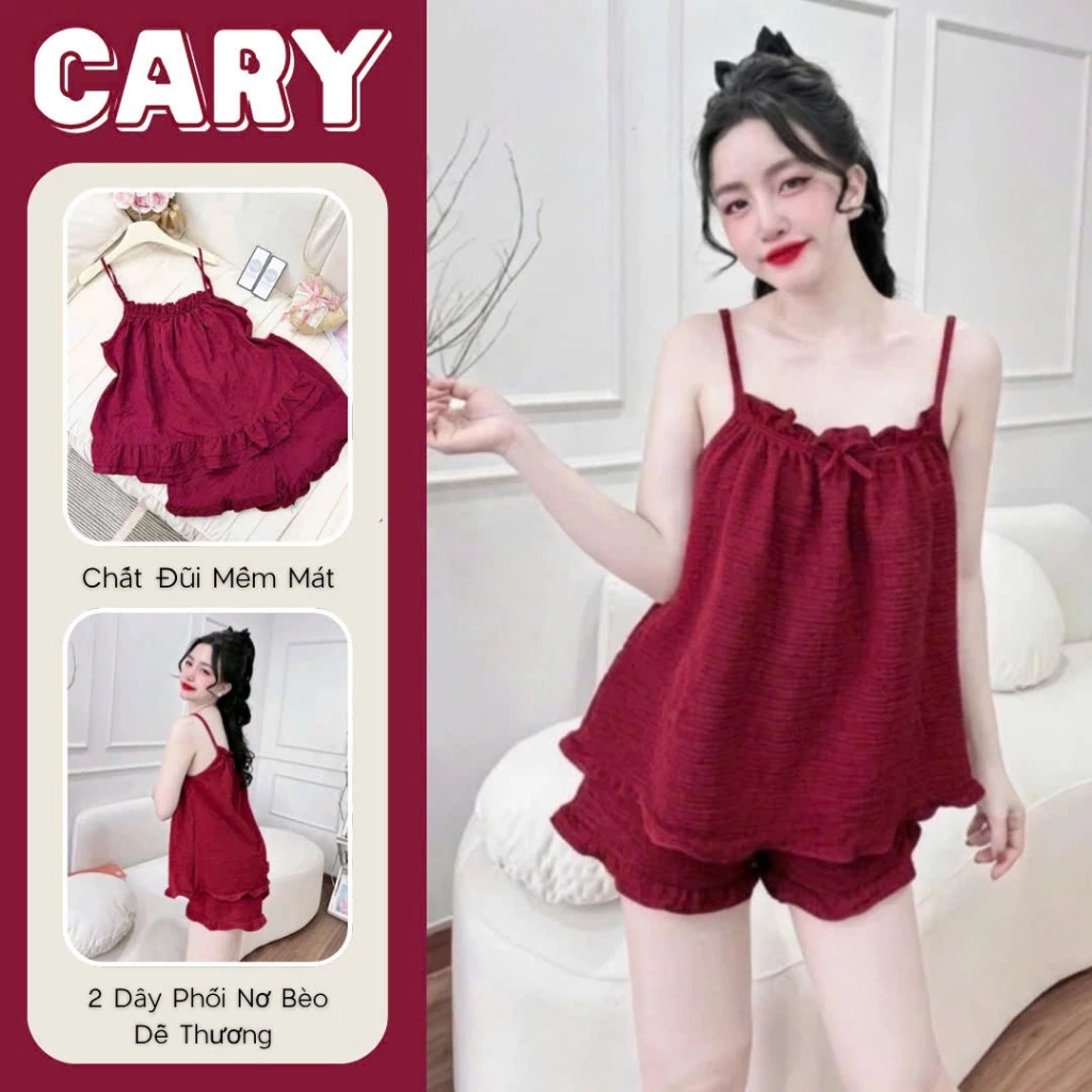 Bộ đồ ngủ nữ 2 dây trơn mềm mát, set bộ ngủ nữ 2 dây phối nơ và quần bèo dễ thương CARY