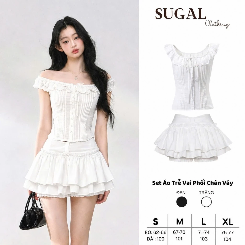 SUGAL - Set Áo Trễ Vai Viền Bèo - Phối Chân Váy Xòe 2 Tầng Cạp Nơ Có Quần Bảo Hộ | TOP NU 286 + CV NU 100