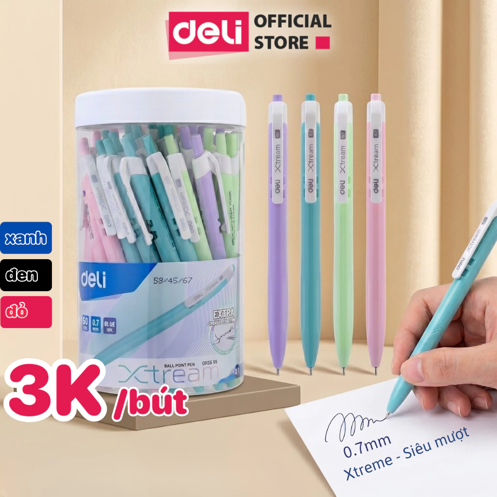 Hộp 50 Bút Bi Bấm Deli Mực Xanh Đen Đỏ Ngòi 0.7mm Viết Đều Trơn Tru Thân Pastel Học Sinh