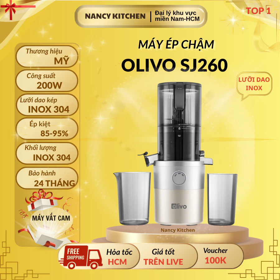 [Chính hãng] Máy ép chậm Olivo SJ260, máy cổ rộng,lưỡi dao kép inox 304,làm được kem,bh 24 tháng