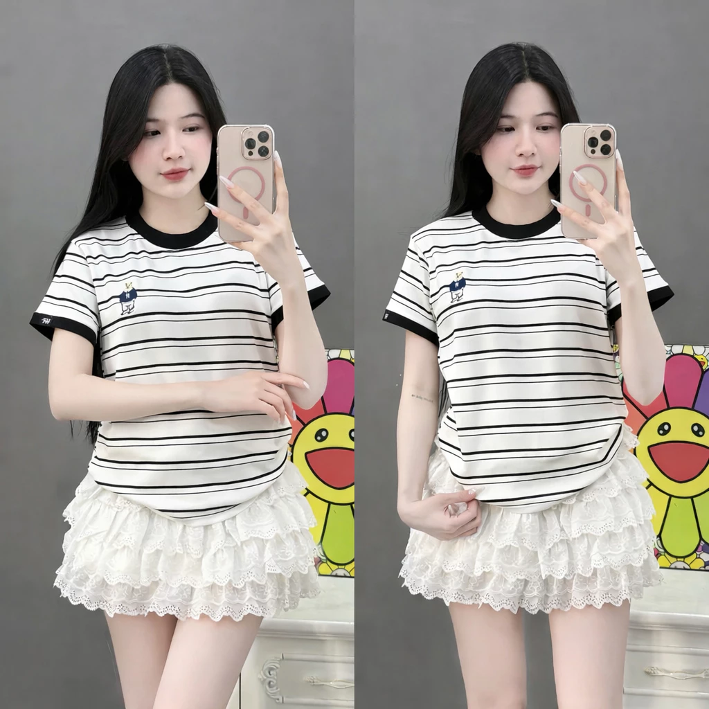 Áo phông nữ kẻ dáng babyte thêu CHÚ GẤU siêu XINH. Áo thun nữ from vừa chất cotton thoáng mát