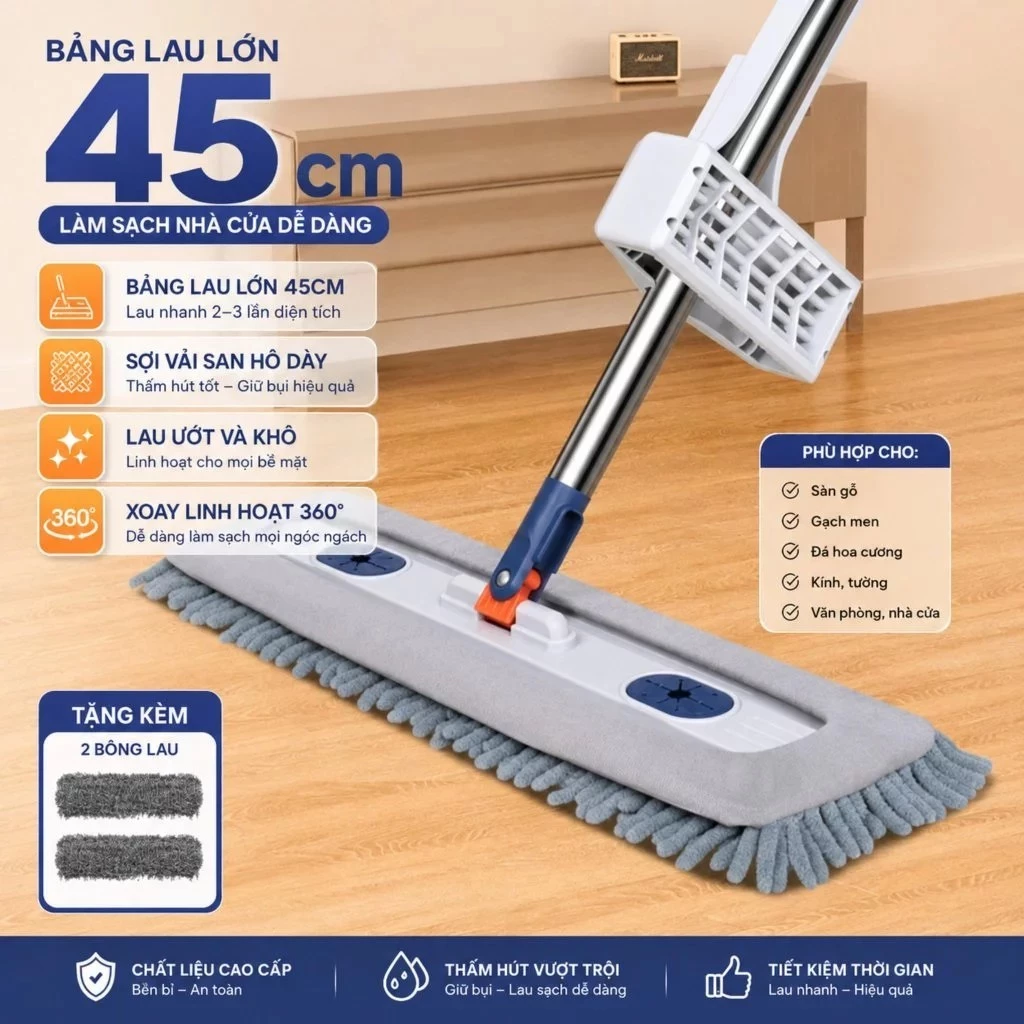 Cây Lau Nhà Tự Vắt 45CM – Tặng 1 Bông, Lau Nhanh