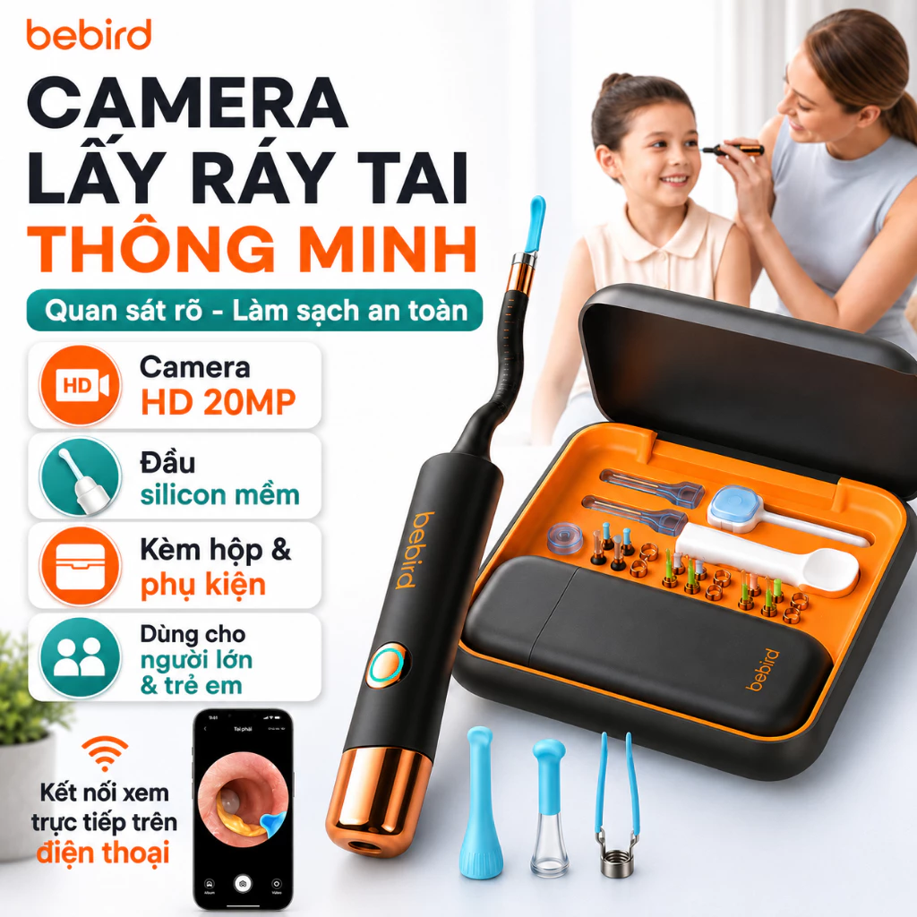 Máy Soi Tai Bebird EarSight Ultra, Camera 20MP, Ống Nội Soi Mềm, Nhíp Gắp, Dùng Người Lớn Trẻ Em