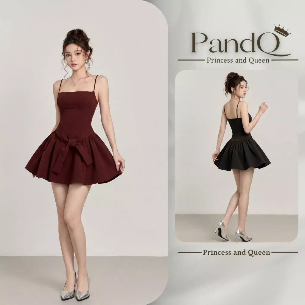 Váy Hai Dây Nữ P&Q Đính Nơ Eo Dáng Xòe Công Chúa Tiểu Thư Dự Tiệc Cao Cấp | vd0136