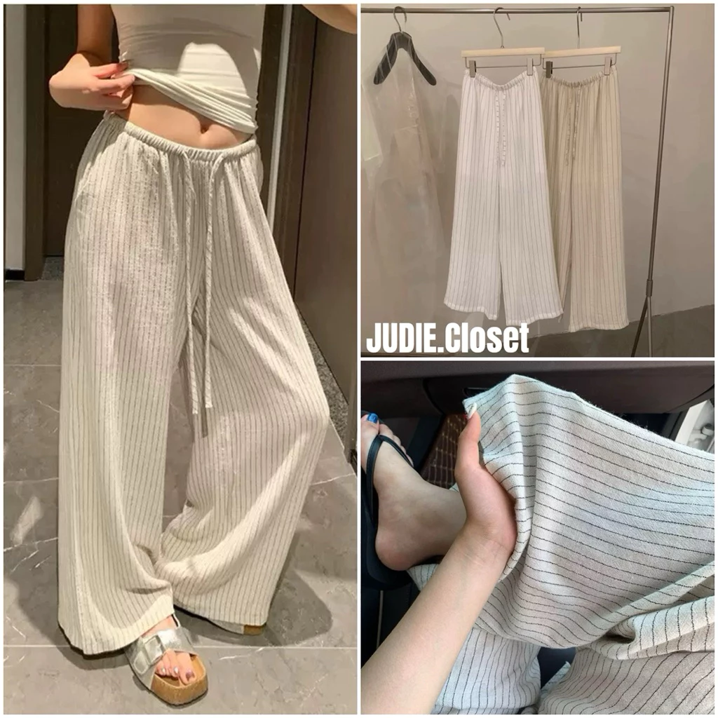 Quần ống rộng LINEN kẻ sọc QCCC - Chất mềm mại, mặc nhà, mặc đi biển - Nữ (JUDIE.Closet)