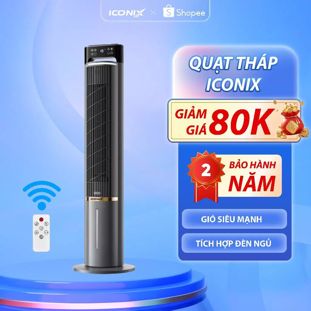 Quạt Tháp Không Cánh ICONIX Điều Hòa , Tích Hợp Đèn Ngủ, Điều Khiển Từ Xa, Hẹn Giờ – Tặng Đá Khô – BH 2 Năm