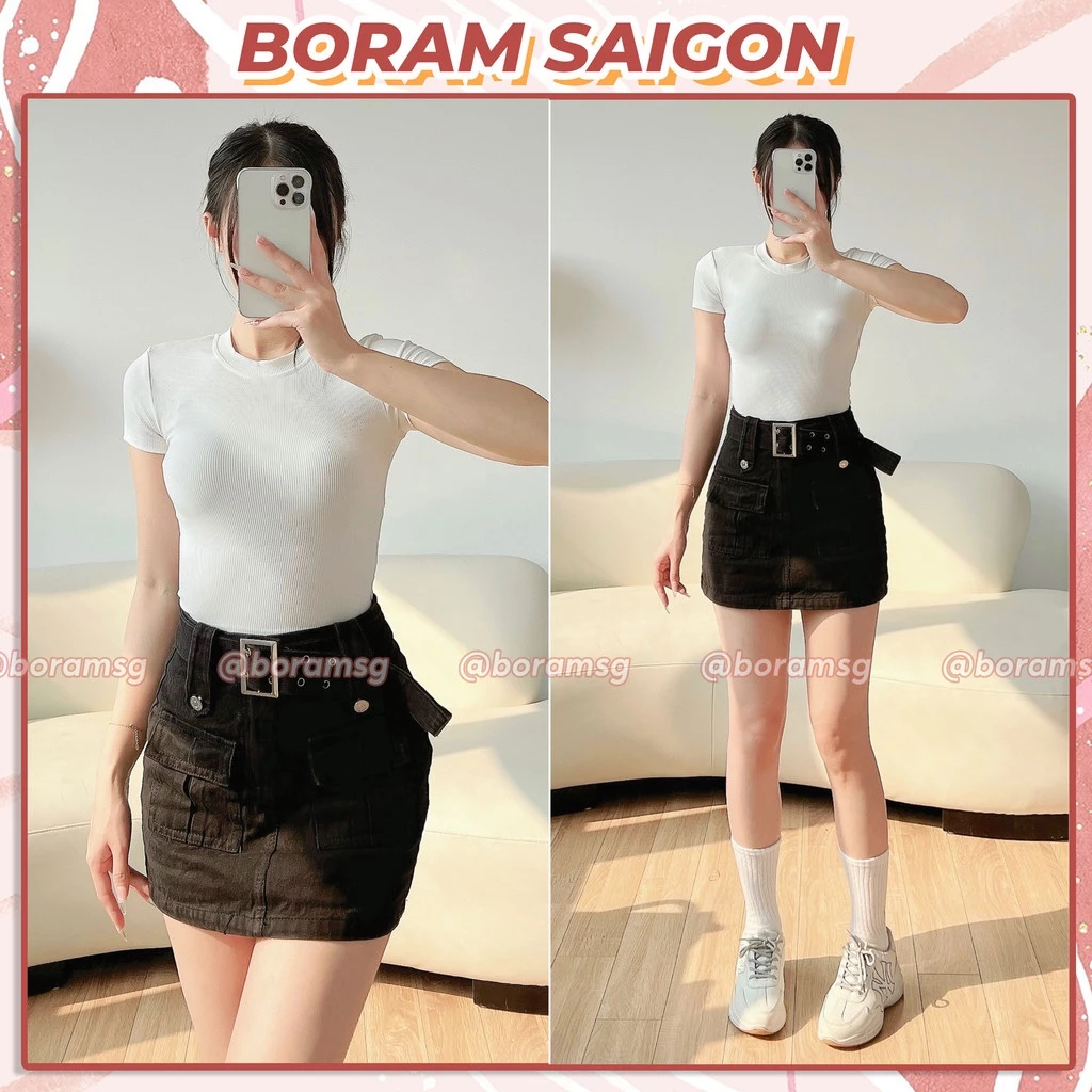 [Đồng Giá 89K] Chân Váy Ngắn, Váy Kaki Túi Hộp Xếp Ly, Áo Thun Polo Nữ Trắng Có Cổ BORAM SG