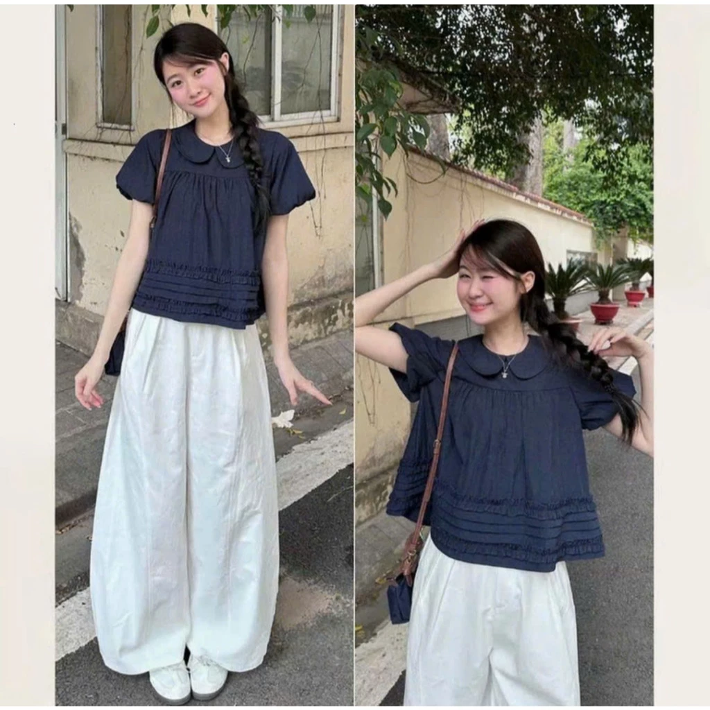 Áo Kiểu Nữ Cổ Sen Tay Bồng Dáng Babydoll,Áo Sơ Mi Ngắn Tay Gấu Xếp Ly Nhún Bèo Vải Phong Cách Hàn