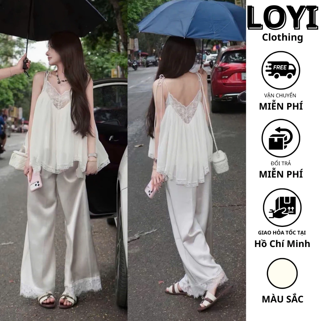 [Hỏa Tốc] Set Bộ Áo Hai Dây Ren Tiểu Thư + Quần Lụa Suông, Set Đồ Nữ Dịu Dàng Thanh Lịch Sang Chảnh