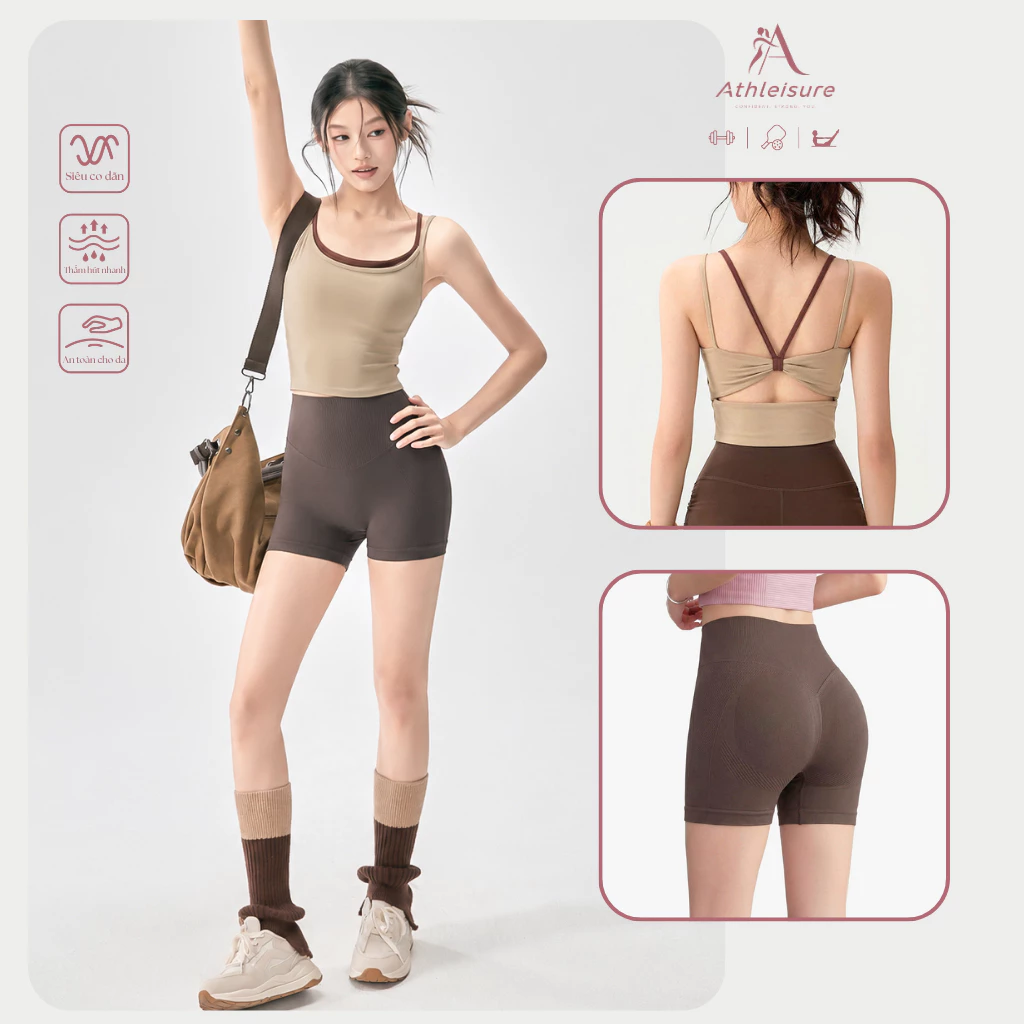 Set bộ đồ quần áo tập Gym, Pilates, Pickleball nữ áo hở lưng có đệm, quần short biker tôn dáng- CB02