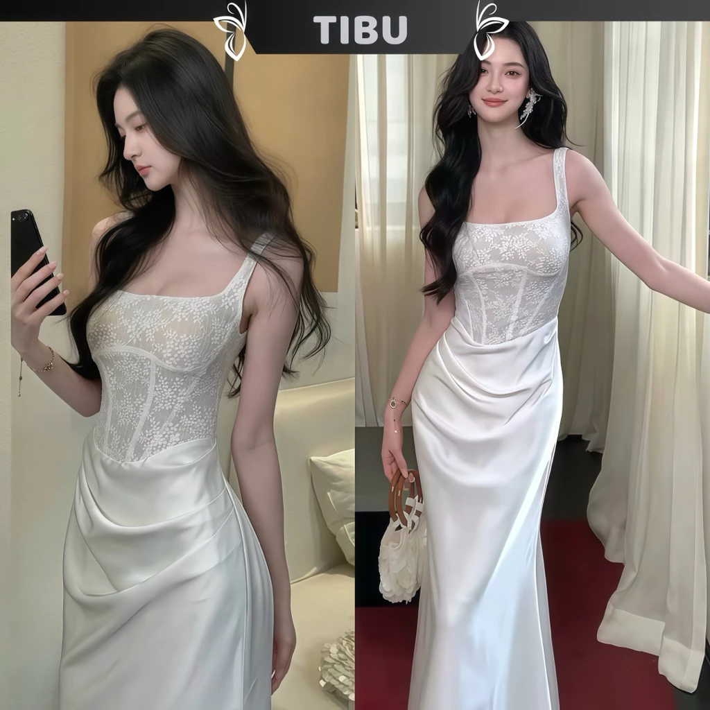 TIBU - Đầm Dự Tiệc Cổ Thuyền Đuôi Cá Dáng Dài Ren Phối Lụa Sang Chảnh Đi Chơi Dạo Phố D782