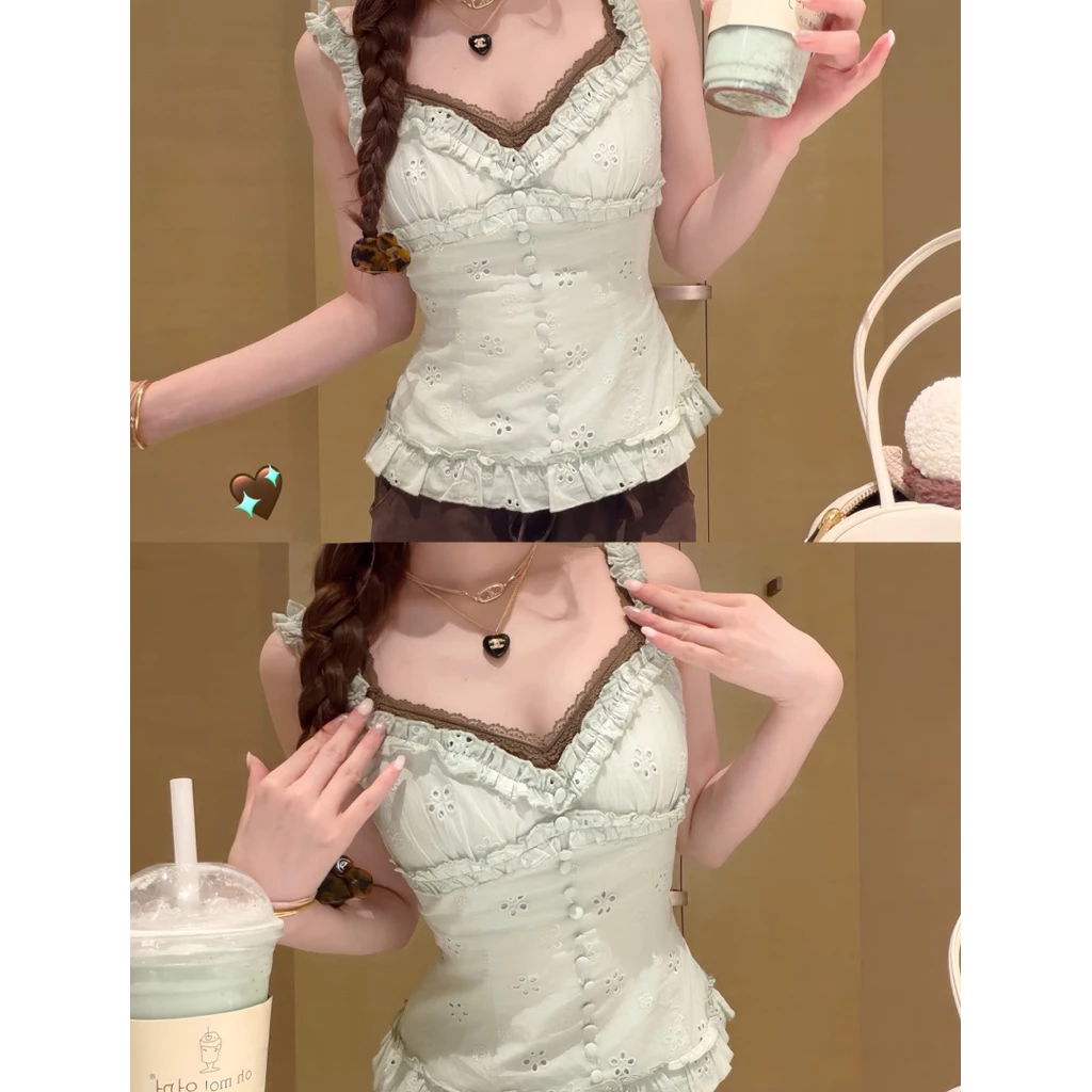 Áo 2 Dây  Thêu Hoa Vintage Nữ Phối Bèo Nhún Cổ Tim,Áo Kiểu Nữ Form Ôm Tôn Dáng Phong Cách Tiểu Thư Hàn Quốc
