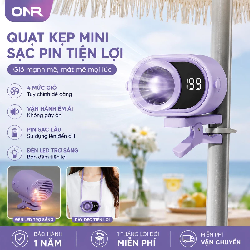 Quạt Cầm Tay Tích Điện Mini, Quạt Kẹp & Đeo Cổ, 4 Cấp Độ Gió, Chạy Êm, Pin Lâu, Tiện Lợi Mang Theo