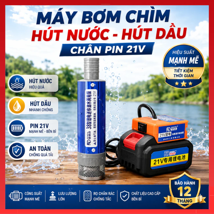 Bơm chìm chân pin phổ thông 21V tốc độ 32 lít / phút, bơm thay nước hồ cá, bơm tưới cây , hút dầu nhớt